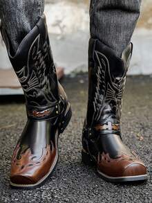 Retro Western Style Color Block High-Top Boots, Personalized Embroidery & Buckle Design, Men's Motorcycle/Work Boots, Suitable For Daily, Street, Outdoor, Fashion - Black - View 1