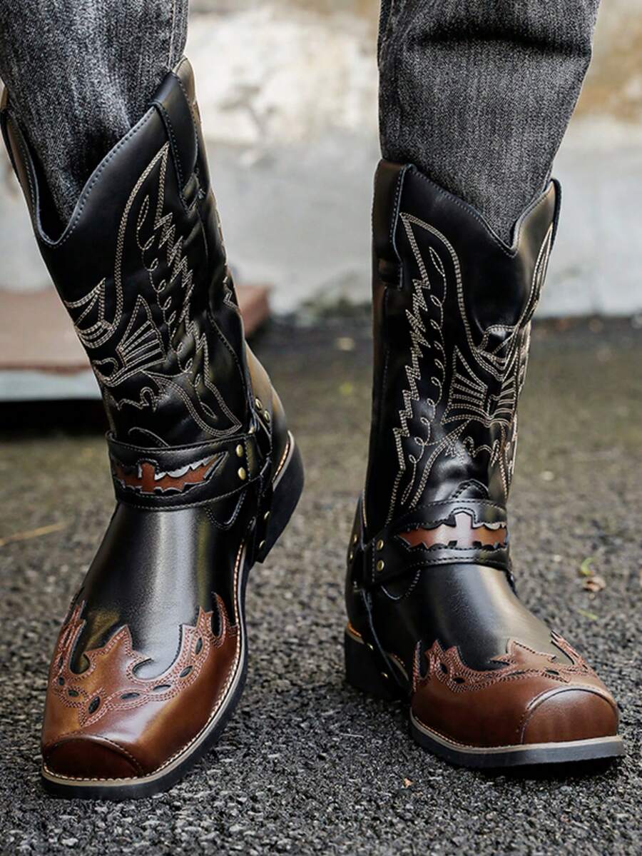 Retro Western Style Color Block High-Top Boots, Personalized Embroidery & Buckle Design, Men's Motorcycle/Work Boots, Suitable For Daily, Street, Outdoor, Fashion - Black - View 1
