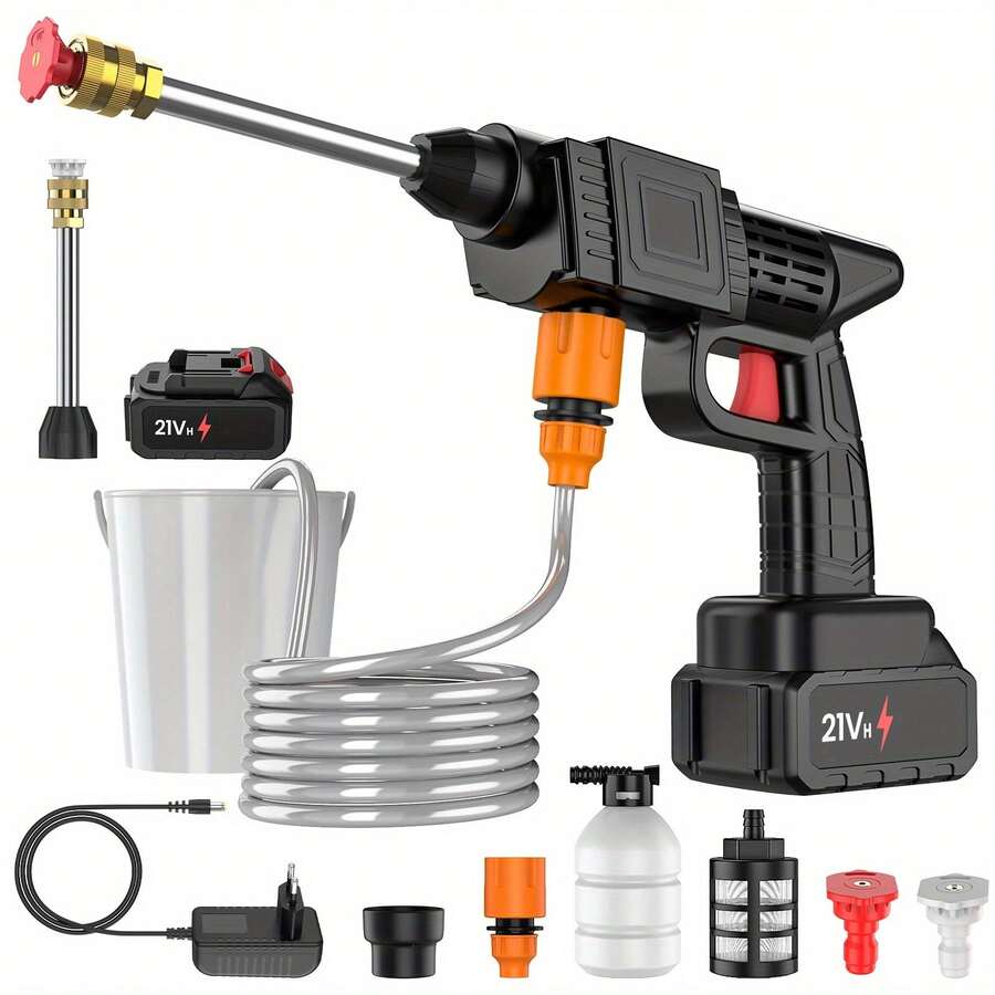 21V Cordless Pressure Washer With 1 Battery And 5-Meter Hose, Suitable For Floor Cleaning, Car Washing, And Garden Watering - 黑色 1*電池 - 查看 1