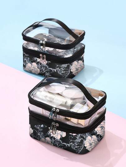 Borsa per trucchi nera di grande capacità con doppio strato e manico, organizer cosmetico multifunzionale con scomparti, borsa da toilette portatile da viaggio per donne, custodia per la bellezza per casa e vacanze, accessori di moda, borsa cosmetica da viaggio di grande capacità, organizer da toilette, borsa per trucchi con doppio strato