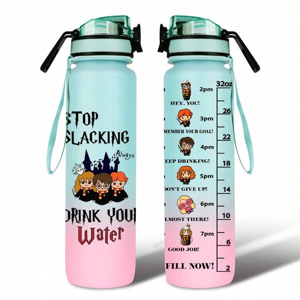 Harry Potter 32oz Large Capacity Gradient Color Sports Water Bottle With Harry Potter Creative Pattern, Motivational Drinking Reminder, Shockproof Matte Plastic Direct Drinking Water Cup With Scale, Leak-Proof Portable Travel Mug, Suitable For Outdoor Sports, Fitness, Camping