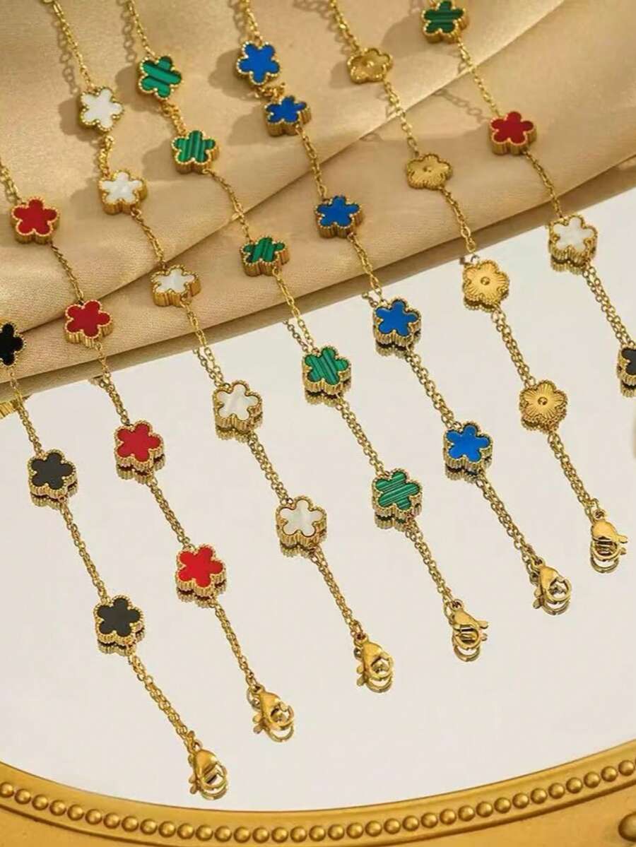 1pc Stainless Steel 5-Leaf Clover Elegant Bracelet, Versatile For Women To Wear Daily, Dates, Parties - Gold Clover Bracelet - View 1