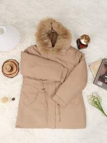 Apperloth A 毛绒装饰连帽派克大衣，女士冬季休闲抽绳、口袋、拉链常规袖连帽常规版型驼色纯色女士冬季大衣，冬季保暖/冬季时尚 - 駝色 - 查看 8