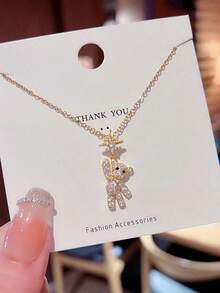1Pc Obega Lovely Bear Necklaces For Women Cubic Inlaid Golden Neck Chain Female Necklaces Cute Jewelry Pendant Perfect Daily Accessory Gifts, Fashion Accessories, Unique Designs For Daily Jewelry, Elegant Fade-Resistant Jewelry, High-Quality Handicrafts, Gifts For Friends, Fashion Enthusiasts - 金色 - 查看 6