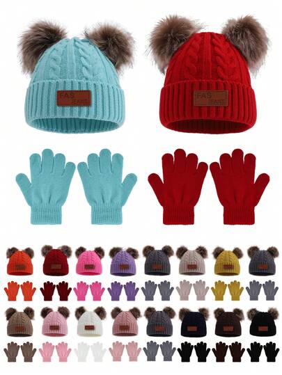 1pc Hat + Gloves Knitted Hat And Gloves Set, Pom Pom Beanie Full Finger Knitted Gloves, Knitted Hat, Winter New Solid Color Unisex Versatile Knit Cap