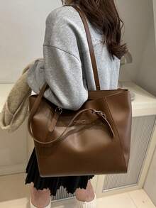 2024秋冬季大容量女士单肩包，简约百搭手提包，大学生背包，通勤手提包 - 棕色 - 查看 3