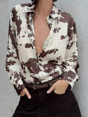 Plusstorlek damskjorta med långärmad pendlare i fransk stil, djurtryck och nedfällbar krage, bekväm och mångsidig, höst/vinter