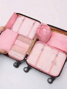 Conjunto de 8 peças: Bolsa organizadora de viagem, necessaire de grande capacidade, porta-senhas, organizador de guarda-roupa, porta-pincéis de maquiagem, nécessaire impermeável, organizador de maquiagem multifuncional, bolsa de mão, organizador de cuidados com a pele para banheiro, ideal para batom, pincéis de maquiagem, canetas de maquiagem, sombra, espelho, delineador, gloss labial, produtos para a pele, escova de dentes, porta-escova de dentes, sabonete, shampoo, pente, relógio, celular, colar, joias e produtos digitais.