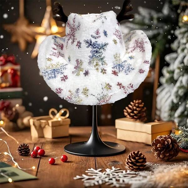 Christmas Reindeer Cowgirl Cap Festive Snowflake Print Antler Decorated Wide Brimmed Hat For Men Women Outdoor Party