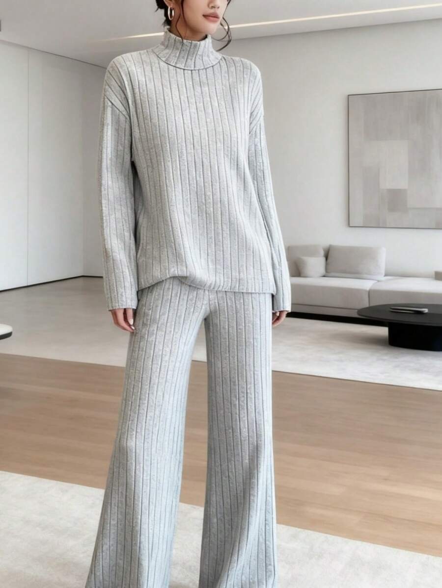 "2025 Autumn/Winter Must-Have" High-Neck Ribbed Knit Set For Women - Relaxed Fit, Wide-Leg Pants Two-Piece Set. A Complete Autumn/Winter Outfit, Featuring A High-Neck Knit Sweater And Flowy Wide-Leg Pants. Perfect For A Relaxed Look, Suitable For Both Work And Dates. - Xám - Xem 1