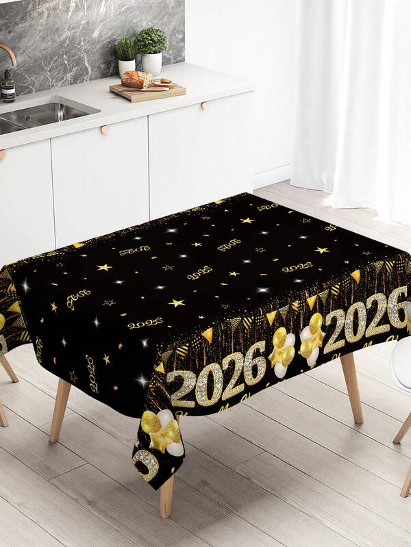 1pc Happy New Year Table Cloth, Balloon Star Pattern Table Cover, Black Gold New Year Decorative Tablecloth, 2026 Happy New Year Decorations, New Year Party Supplies, New Year Table Decorations, New Year Outdoor Decorations, New Year Restaurant Decor Table Runner, New Year Home Decor Table Set, New Year Kitchen Supplies, New Year Gifts, Party Favors