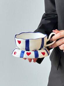 1pc Blue Striped Heart Design Ceramic Mug & Saucer Set, Cute Korean Ins Style Girly Mug With Matching Striped Heart Coaster, Ideal Choice For Breakfast, Tea Or Coffee Cup, Perfect Birthday Or Holiday Gift, Suitable For Home Use