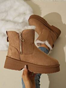 Women's Fashion Lightweight Versatile Warm Fur Collar Snow Boots, Anti-Slip Lightweight Sole, Fur Lining Warm Boots, Casual Faux Fur Winter Warm Boots, Thick Fur Lining Warm Breathable Comfortable Zipper Boots