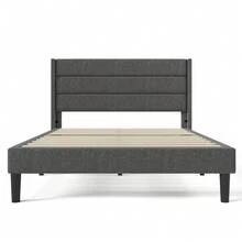 Upholstered Bed 140 X 200 Cm, Bed Frame With Slatted Base And Headboard, Upholstered Double Bed, Dark Grey Linen Textile Cover, Modern And Timeless Design, Youth Bed - Grey - View 1