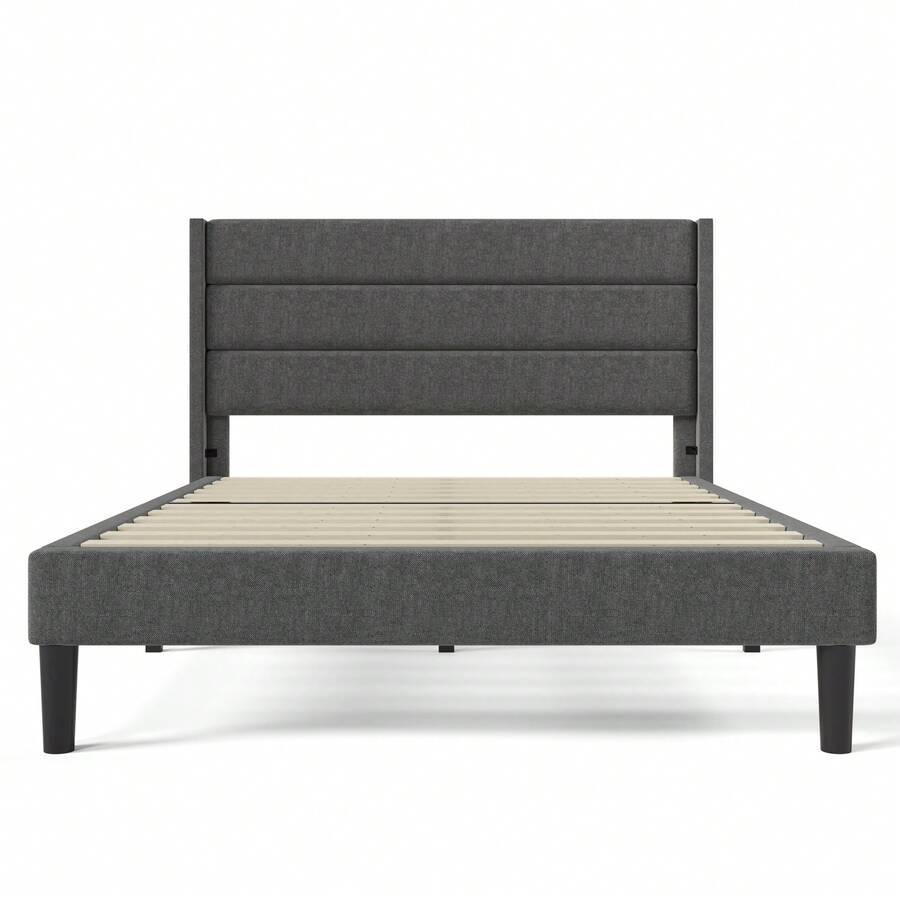 Upholstered Bed 140 X 200 Cm, Bed Frame With Slatted Base And Headboard, Upholstered Double Bed, Dark Grey Linen Textile Cover, Modern And Timeless Design, Youth Bed - Grey - View 1