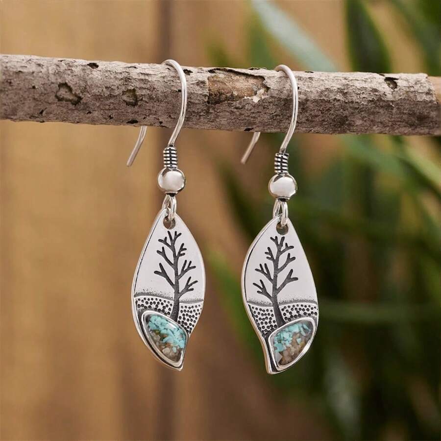 Vintage Minimalist Tree & Green Turquoise Pendant Earrings, Personalized Women Jewelry Party Or Commemorative - Nhiều màu - Xem 1