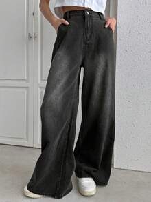 Teen Girls' Casual Fashion Street Style Loose Fit Wide Leg Jeans, Versatile For Daily Wear And Commute, Y2K Aesthetic - Black - View 1