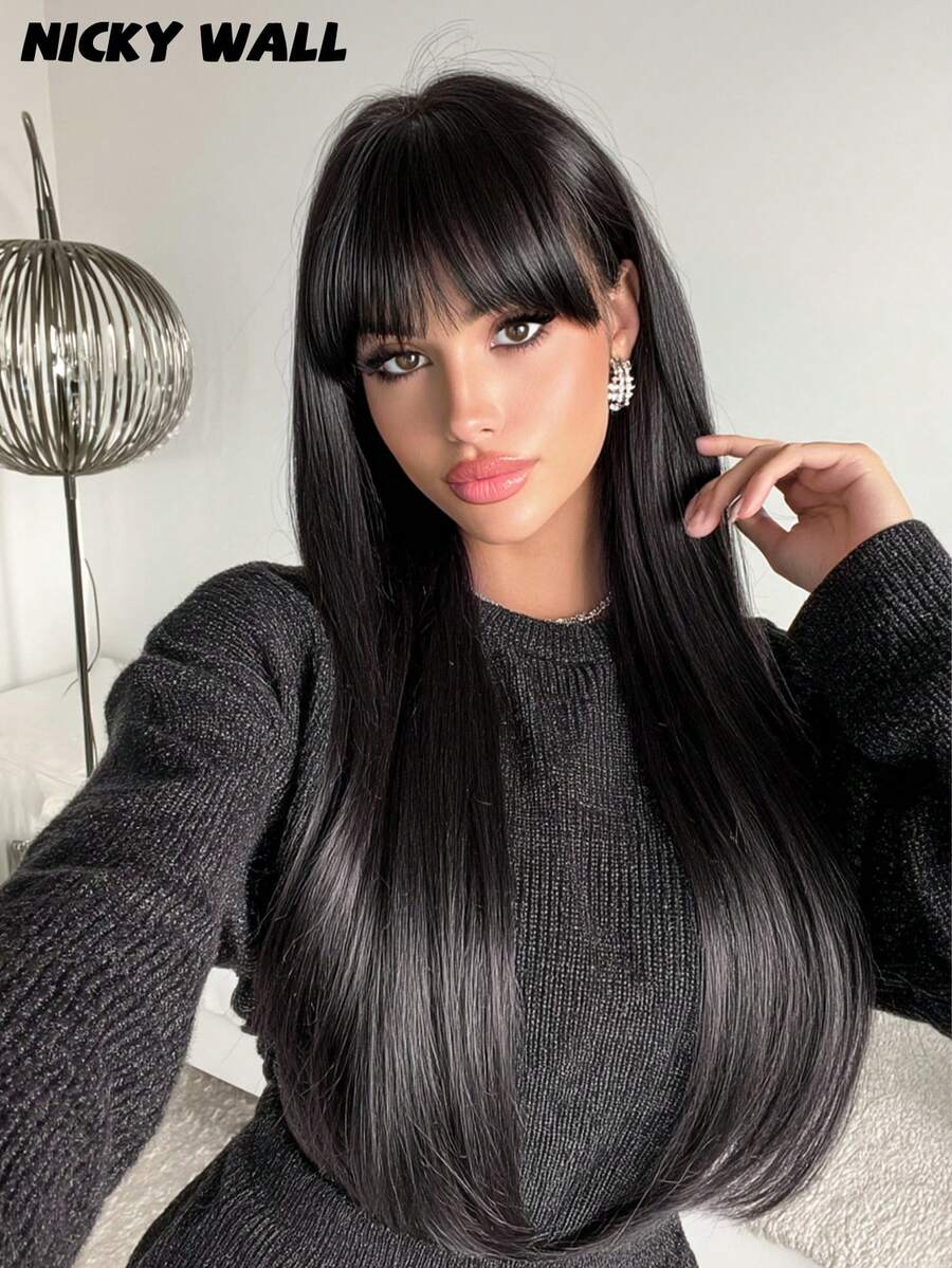 NICKY WALL 28Inch Extra Long Straight Black Wigs For Women Elegant Nature Looking Wigs With Full Bangs,High Density Fluffy Synthetic Heat Resistant Fiber Hair,For Beginners Glueless Daliy Party Use - 黑色 - 查看 1