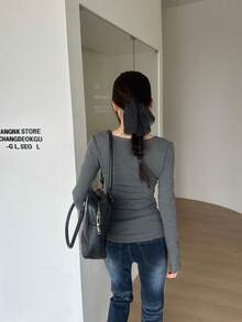 女士休闲修身长袖T恤，舒适别致，秋冬 - 灰色 - 查看 9