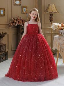 少女酒红色珍珠吊带星星网纱蝴蝶结装饰圣诞连衣裙，优雅公主裙，适合作为女孩生日礼物、青少年派对、婚礼、花童、感恩节、毕业典礼礼服 - 酒紅色 - 查看 9