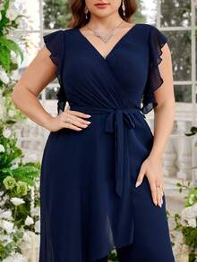Đầm UNITHORSE cổ chữ V tay ren thanh lịch với dây thắt eo, phù hợp cho công sở và dự tiệc; Bộ jumpsuit ống rộng bằng chiffon màu trơn - Màu xanh hải quân - Xem 6