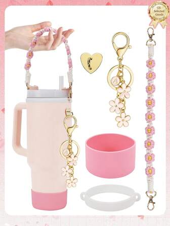 5 件/1 件硅胶保护套、防摔防刮硅胶套、防滑硅胶保护套、配套手工编织运动水壶带、心形自粘挂钩、花朵和 26 个字母吊坠标记、带肩带的瓶架、手工编织挂绳、硅胶支架、适合 8-40 盎司水瓶、耐用防撕裂、适合日常使用、家庭聚会、旅行和派对