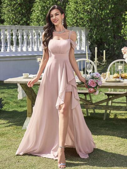 UNITHORSE Women's Elegant Spaghetti Strap Chiffon Backless Belted High Slit Dress, Formal Gown For Parties, Weddings