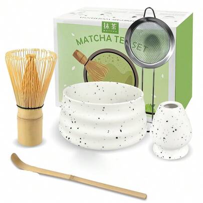 5-Piece Japanese Matcha Tea Set, Complete Ceramic Kit With Bamboo Whisk, Spoon, Sieve & Stand In Elegant White Gift Box