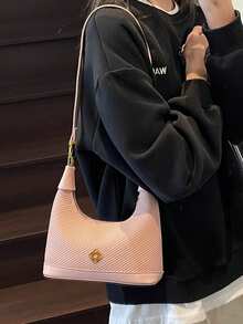 Nuevo bolso de moda de unicolor Joker de tela impermeable de PU, con diseño de decoración de patrón de letras, apertura y cierre con cremallera, bolsos cuadrados, bolsos burdeos, con diseño de decoración de colgante, se puede colgar, adecuado para ir de compras.