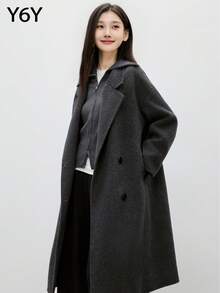 [Y6Y] 女士优雅长袖开襟双排扣加厚风衣，适合秋冬季穿着 - 深灰色 - 查看 4
