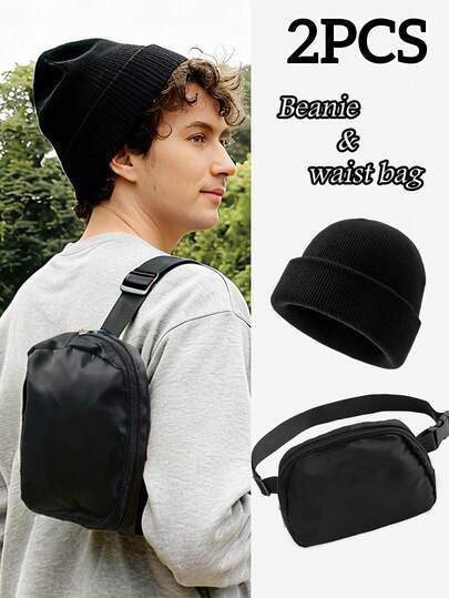 2pcs Unisex Fashion Simple Knit Beanie Hat & Waist Bag Set, Casual Versatile Windproof Warm Skull Cap, Outdoor Portable Storage Crossbody Bag, Suitable For Autumn Winter Daily Outdoor Stylish Matching, Great As Gift Men Women Clothing Winter