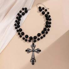 1pc Fashion Double Beaded Cross Pendant Necklace - Hip Hop Style, Vintage Style, Women'S Versatile Accessories, Suitable For Festival And Casual Wear, Cross NecklaceWoimen's Daily Ware GiftsDaily Ware Best Gift For Friends And Family - XL3910-黑色 - 查看 3