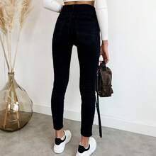 Jeans boyfriend à boutons pour femmes, pantalon en jean casual coupe maman - Noir - Voir 5