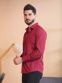 Men's Slim Fit Long Sleeve Dress Shirt - 紅木色 - 查看 2