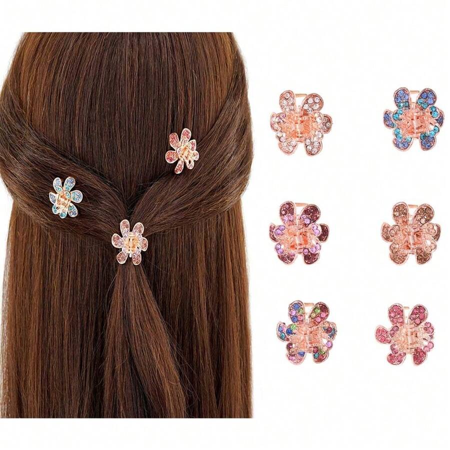 6 PCS Rhinestone Mini Hair Clip Flower Jaw Clip Sparkly Crystal Small Hair Claws Bling Daily Party Birthday For Women Girls - 1 - 查看 1