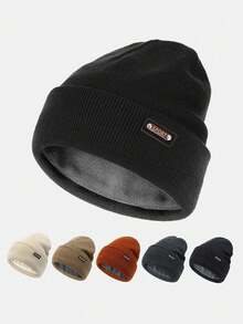 1pc Men Black Solid Thermal Lined Thick Knit Beanie Hat, Casual Pullover Cap Suitable For Daily Outdoor Use To Keep Warm In Extremely Cold Weather Fall Outfit
