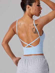 1 Women's Criss-Cross Back Tight Short High-Stretch Sports Vest Top - 淺藍色 - 查看 3