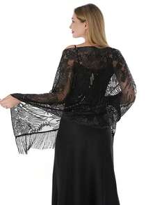 New Luxury Sequin Embroidered Tassel Shawl, Suitable For Wedding, Banquet, Ball, Party, Cheongsam, Floral & Paisley Print, Polyester, All Season