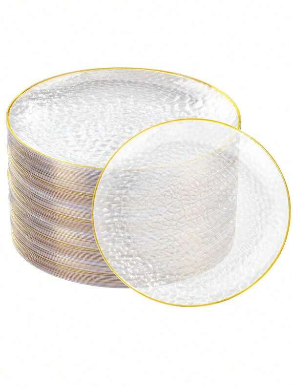 Conjunto de 25 bases redondas transparentes com bolinhas douradas para bolos e sobremesas, incluindo bandejas laterais de 19 cm e 26 cm, além de bases de alta qualidade para salada de frutas. Reutilizáveis e fáceis de limpar. Perfeitas para casamentos, Dia dos Namorados, aniversários e festas de fim de ano.