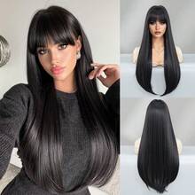 NICKY WALL 28Inch Extra Long Straight Black Wigs For Women Elegant Nature Looking Wigs With Full Bangs,High Density Fluffy Synthetic Heat Resistant Fiber Hair,For Beginners Glueless Daliy Party Use - 黑色 - 查看 11