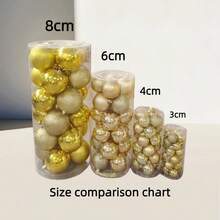 24个3CM/4CM/6CM/8CM。圣诞树装饰球圣诞派对挂球装饰摆件，是家居圣诞装饰礼物。注意：本产品属于手工艺品，可能存在轻微污垢、灰尘、胶印、胶水溢出等痕迹。轻微划痕属于本产品的正常现象，不影响外观或使用注意事项；挂绳随机。