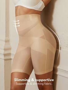 1件装女士高腰交叉收腹无缝塑形短裤，平坦小腹收腹紧身裤，塑身内衣 - 杏色 - 查看 10