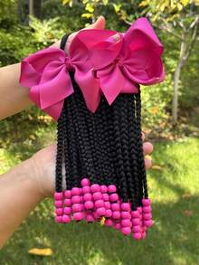 2pcs Kids Ponytail Extension Girls Braids Hair Extensions With Beads Hair Extension Braid Synthetic Hairpieces With Bows Wigs - Natural Black - View 2