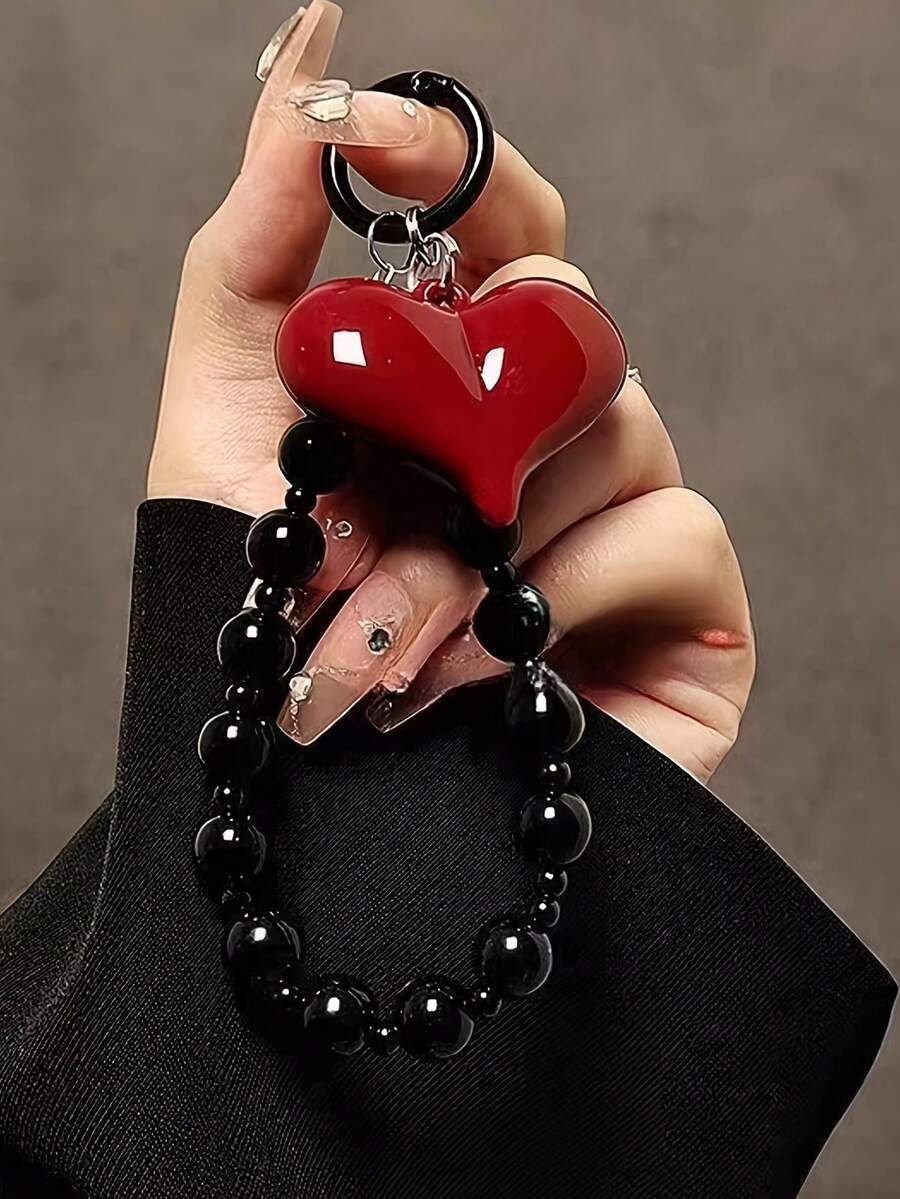 Red Heart Charm Beaded Phone Chain Wrist Strap - Durable ABS Resin DIY Craft Accessory With Metal Clasp, Stylish And Functional For Phone Protection, Wrist Strap For Phone, Phone Accessory, Heartshaped Charm, Metal Clasp Attachment - Multicolor - View 1