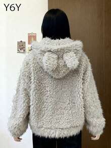Y6Y Cute Rabbit Ear Short Hooded Fluffy Jacket For Women, 2025 Autumn/Winter New Petite Warm Thick Outerwear - Khaki - View 2