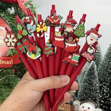 10pcs Retractable Christmas Series Ballpoint Pens, Christmas Tree And Santa Claus Design, Suitable For Christmas Holiday Office Supplies And Party Gifts - Red - View 1