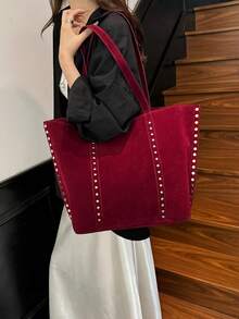 2025 Nuova borsa a secchiello retrò di nicchia per l'autunno/inverno, borsa a secchiello  con borchie per donne, borsa a spalla/sotto braccio versatile casual, borsa a spalla opaca, borsa casual da donna, borsa della spesa, borsa da lavoro - Bordò - Visualizzare 6