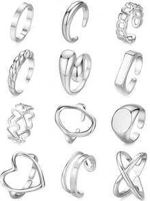 12 PCS Multi-Piece Fashion Versatile Silver & Gold-Toned Geometric, Heart & Twisted Detail Ring Set - Stackable Styles For Daily & Occasion