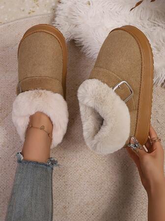 Autumn/Winter Fashion Casual Solid Color Plush Lining Patchwork Slip-On Slippers, Thick Sole Warm Boots For Women, Suitable For Living Room, Bedroom, Office, Christmas