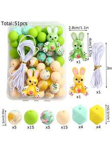 51 Pcs Acrylic 3D Cute Rabbit Shape And Colorful Silicone Bead Set - Comes With A Box And Rope, Shiny Round Beads, Suitable For DIY Set Making Such As Jewelry Accessories, Bag Chains, Beaded Pens And Key Chains. - 51pcs-Green Rabbit - 查看 4